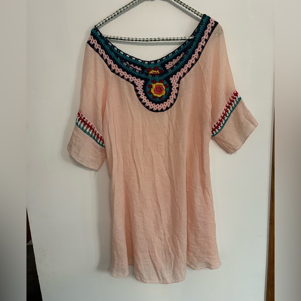 Beach By Exist Peach Embroidered Tunic with Multicolor Crochet Trim